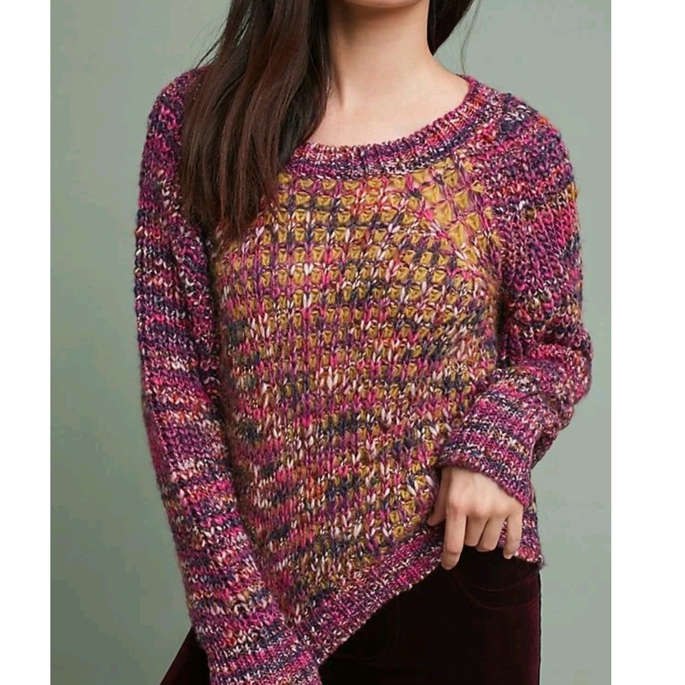 Moth Anthropologie Rainbow Space Dye Knit Sweater Pink Purple Yellow Large